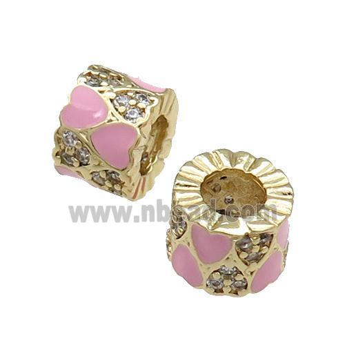 Copper Tube Beads Pave Zircon Pink Enamel Large Hole Gold Plated