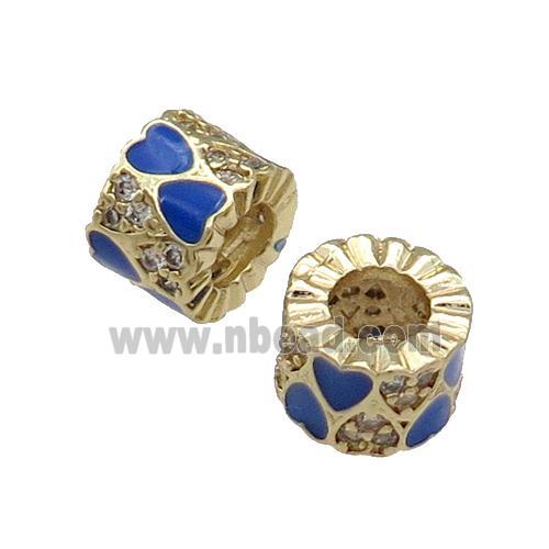 Copper Tube Beads Pave Zircon Blue Enamel Large Hole Gold Plated