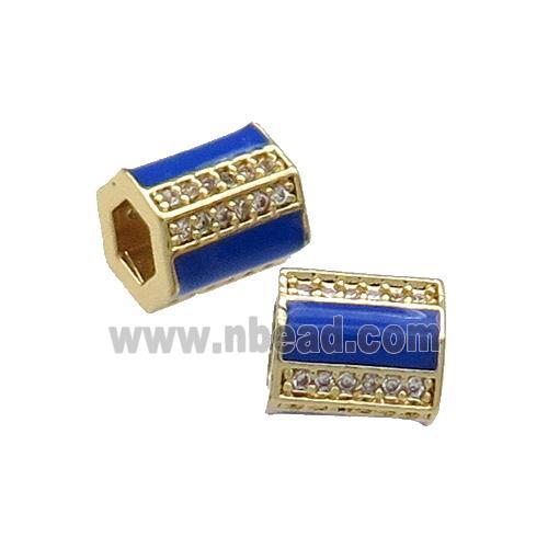 Copper Tube Beads Pave Zircon Blue Enamel Large Hole Gold Plated