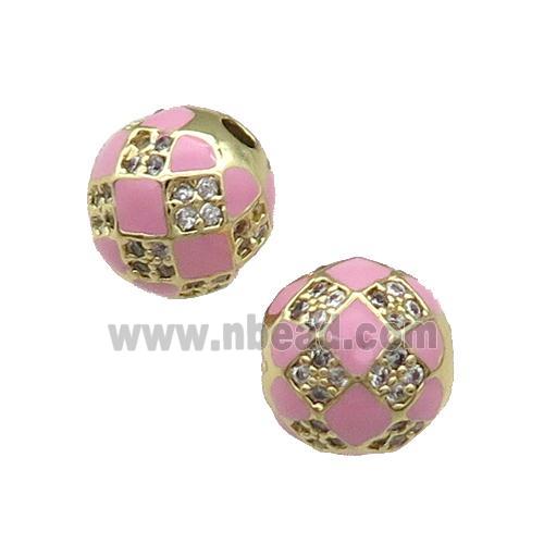 Round Copper Beads Pave Zircon Pink Enamel Football Sport Gold Plated