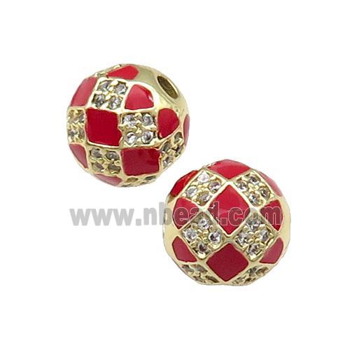 Round Copper Beads Pave Zircon Red Enamel Football Sport Gold Plated