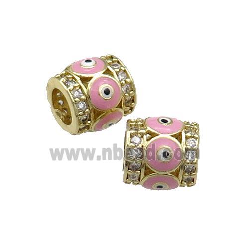 Copper Tube Beads Pave Zircon Pink Enamel Evil Eye Large Hole Gold Plated