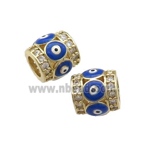 Copper Tube Beads Pave Zircon Blue Enamel Evil Eye Large Hole Gold Plated