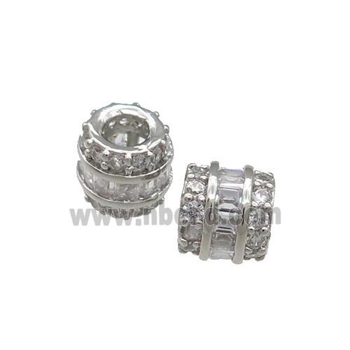 Copper Tube Beads Pave Zircon Large Hole Platinum Plated