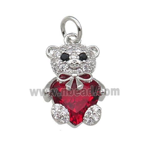 Copper Bear Charm Pendant Pave Zircon Red Platinum Plated