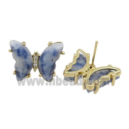 Blue Dalmatian Jasper Butterfly Stud Earring Gold Plated