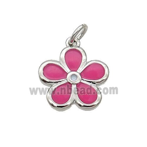 Copper Flower Pendant Hotpink Enamel Platinum Plated