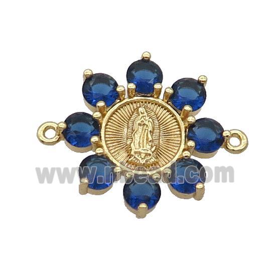 Copper Flower Connector Pave Darkblue Crystal Jesus Gold Plated