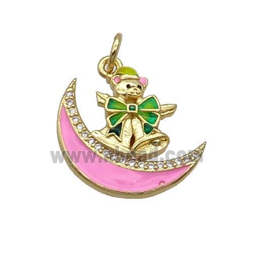 Copper Moon Pendant Pave Zircon Pink Enamel Mouse Gold Plated