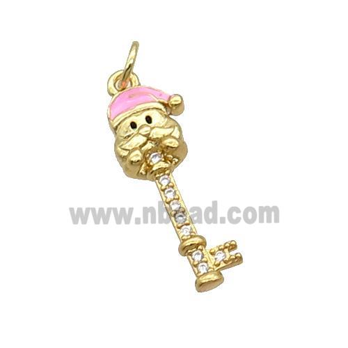 Copper Key Santa Claus Pendant Pave Zircon Pink Enamel Gold Plated