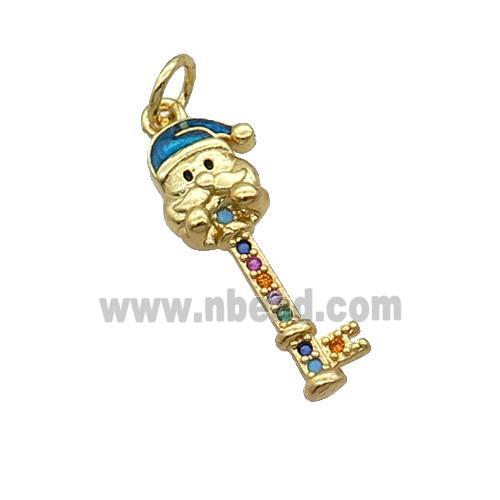 Copper Key Santa Claus Pendant Pave Zircon Blue Enamel Gold Plated