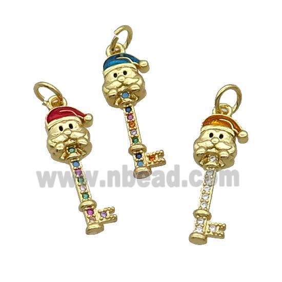 Copper Key Santa Claus Pendant Pave Zircon Enamel Gold Plated Mixed