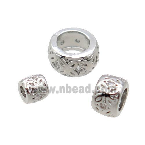 Copper Rondelle Beads Pave Zircon Large Hole Platinum Plated