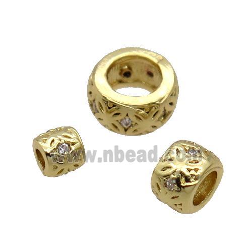 Copper Rondelle Beads Pave Zircon Large Hole Gold Plated