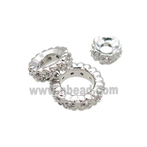 Copper Rondelle Beads Pave Zircon Large Hole Platinum Plated