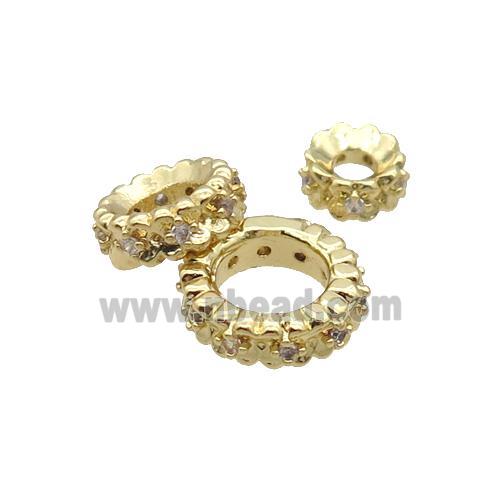 Copper Rondelle Beads Pave Zircon Large Hole Gold Plated