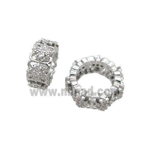 Copper Rondelle Beads Pave Zircon Large Hole Platinum Plated