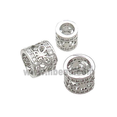 Copper Tube Beads Pave Zircon Large Hole Platinum Plated