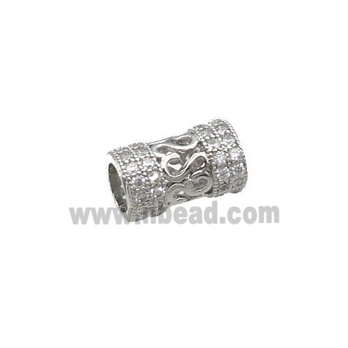 Copper Tube Beads Pave Zircon Large Hole Platinum Plated