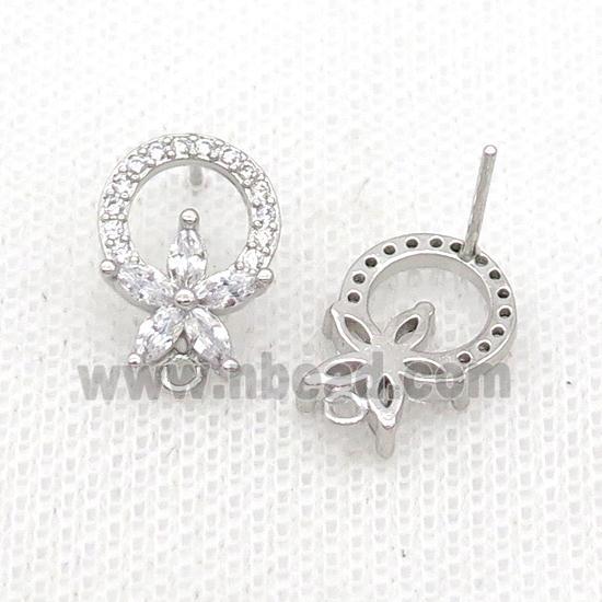 Copper Stud Earring Pave Zircon Flower Platinum Plated