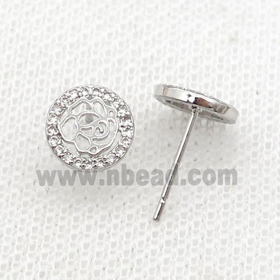 Copper Stud Earring Pave Zircon Flower Platinum Plated