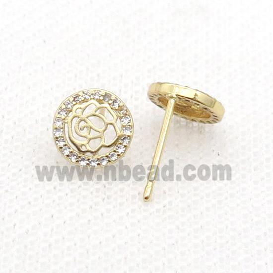 Copper Stud Earring Pave Zircon Flower Gold Plated