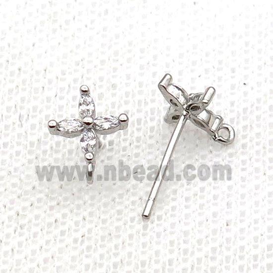 Copper Stud Earring Pave Zircon Cross Platinum Plated