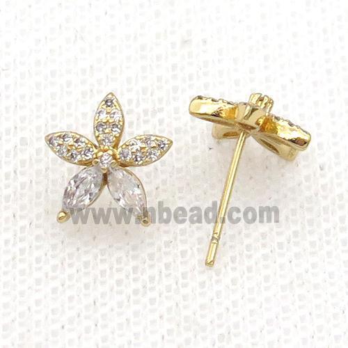 Copper Stud Earring Pave Zircon Flower Gold Plated