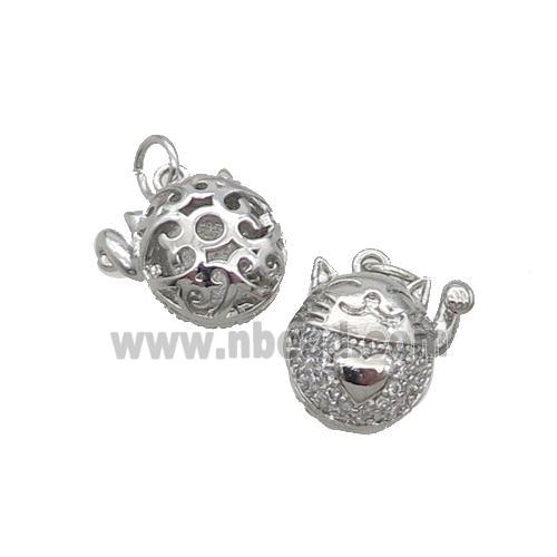 Copper Lucky Cat Pendant Pave Zircon Platinum Plated