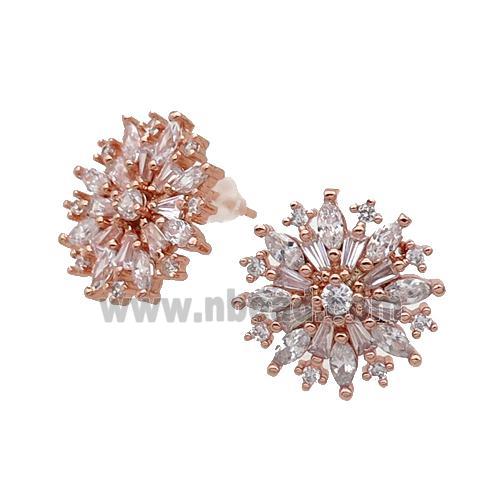 Copper Flower Stud Earring Pave Zircon Rose Gold