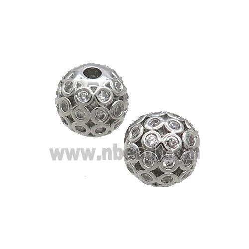 Copper Round Beads Pave Zircon Hollow Platinum Plated