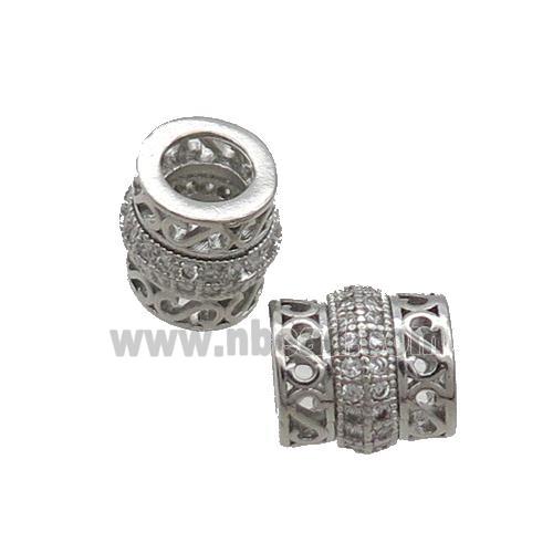 Copper Tube Beads Pave Zircon Large Hole Platinum Plated