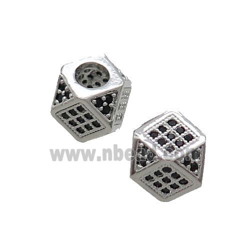 Copper Cube Beads Pave Black Zircon Large Hole Platinum Plated