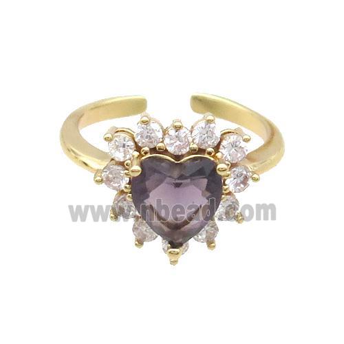 Copper Ring Pave Zircon Purple Crystal Heart Gold Plated