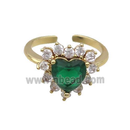 Copper Ring Pave Zircon Green Crystal Heart Gold Plated