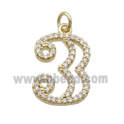 Copper Number-3 Pendant Pave Zircon Gold Plated