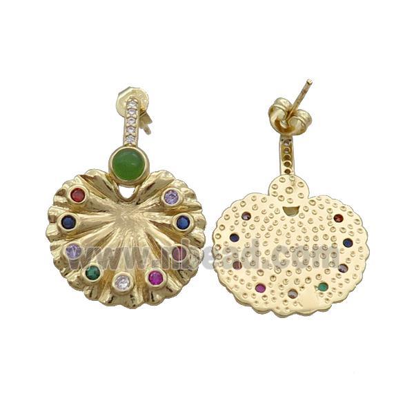 Copper Stud Earring Pave Zircon Peacock Screen Circle Gold Plated