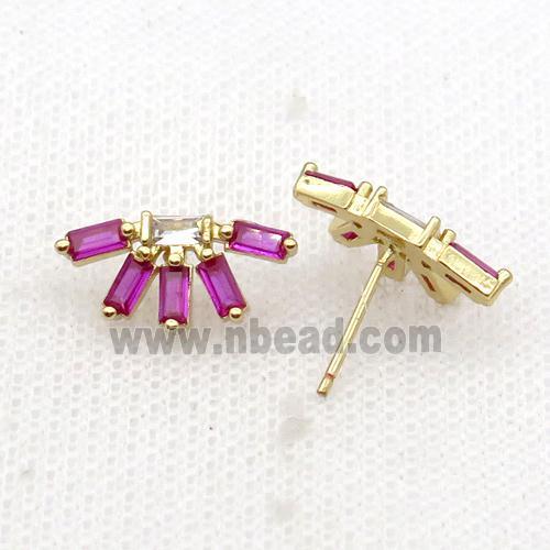 Copper Stud Earring Pave Hotpink Zircon Gold Plated