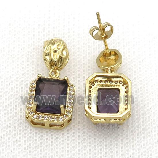 Copper Stud Earring Pave Zircon Purple Crystal Rectangle Gold Plated