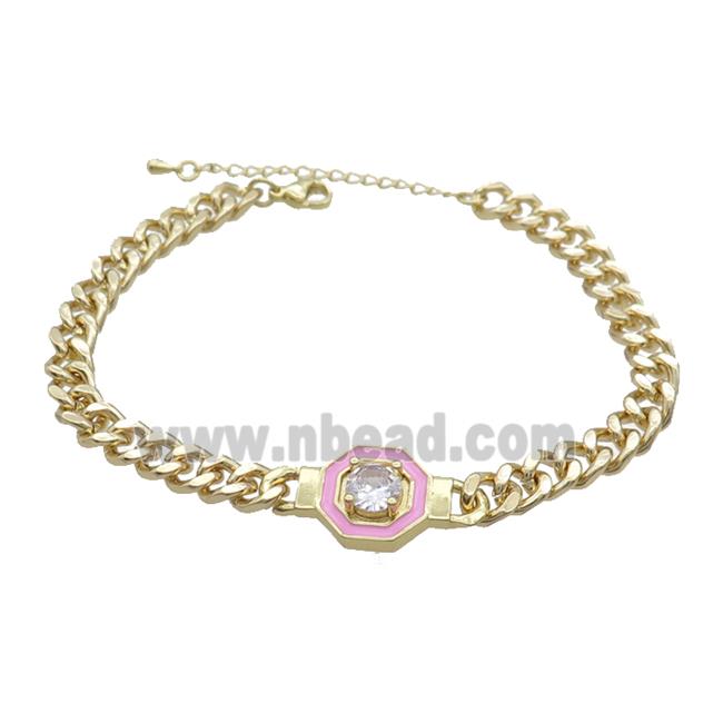 Copper Bracelet Pave Crystal Pink Enamel Gold Plated