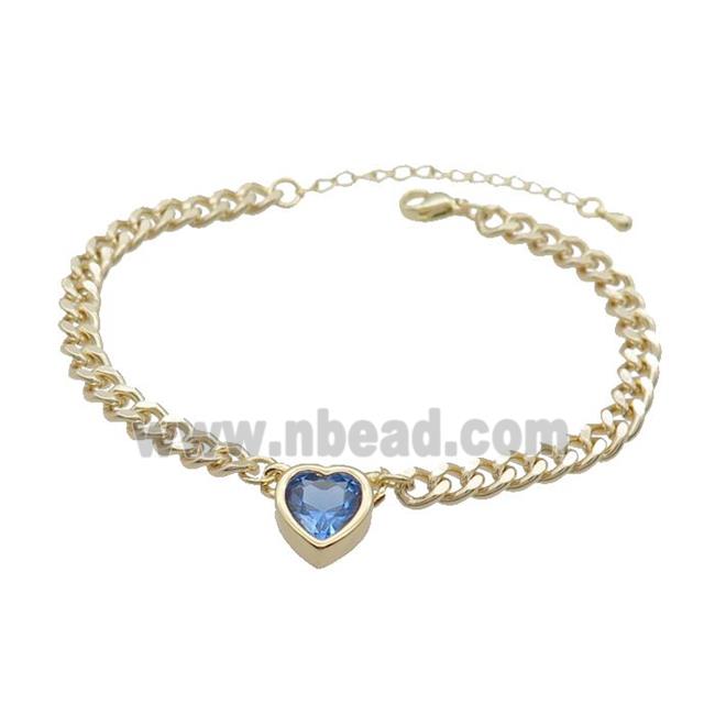 Copper Bracelet Pave Blue Crystal Heart Gold Plated