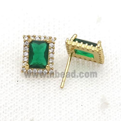 Copper Stud Earring Pave Zircon Green Crystal Rectangle Gold Plated