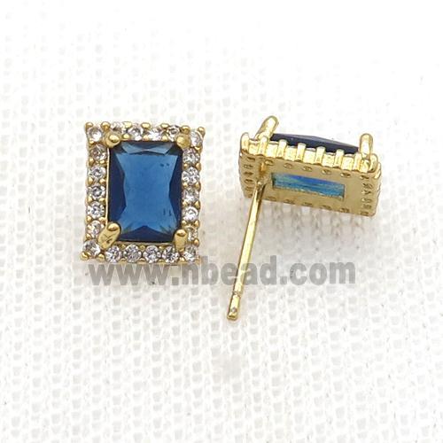 Copper Stud Earring Pave Zircon Blue Crystal Rectangle Gold Plated