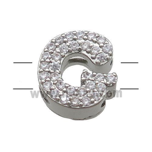 Copper Alphabet Beads Pave Zircon Letter-G 2holes Platinum Plated