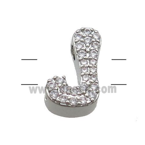 Copper Alphabet Beads Pave Zircon Letter-J 2holes Platinum Plated