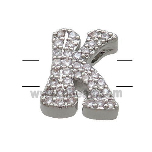 Copper Alphabet Beads Pave Zircon Letter-K 2holes Platinum Plated