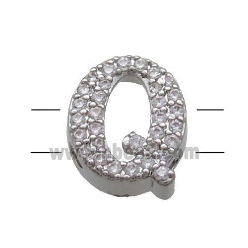 Copper Alphabet Beads Pave Zircon Letter-Q 2holes Platinum Plated