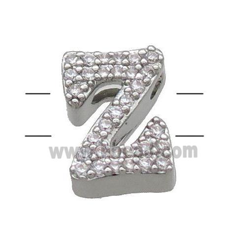 Copper Alphabet Beads Pave Zircon Letter-Z 2holes Platinum Plated