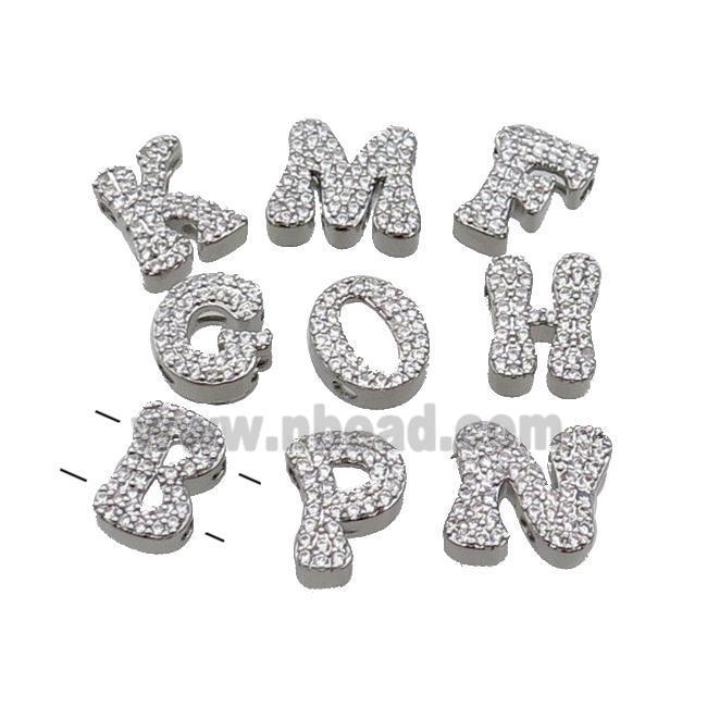 Copper Alphabet Beads Pave Zircon Mix Letter 2holes Platinum Plated