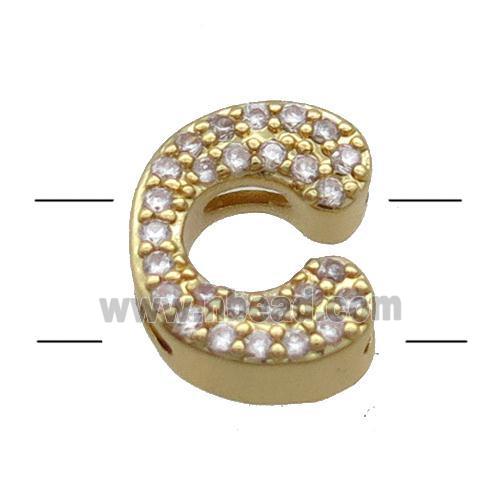 Copper Alphabet Beads Pave Zircon Letter-C 2holes Gold Plated